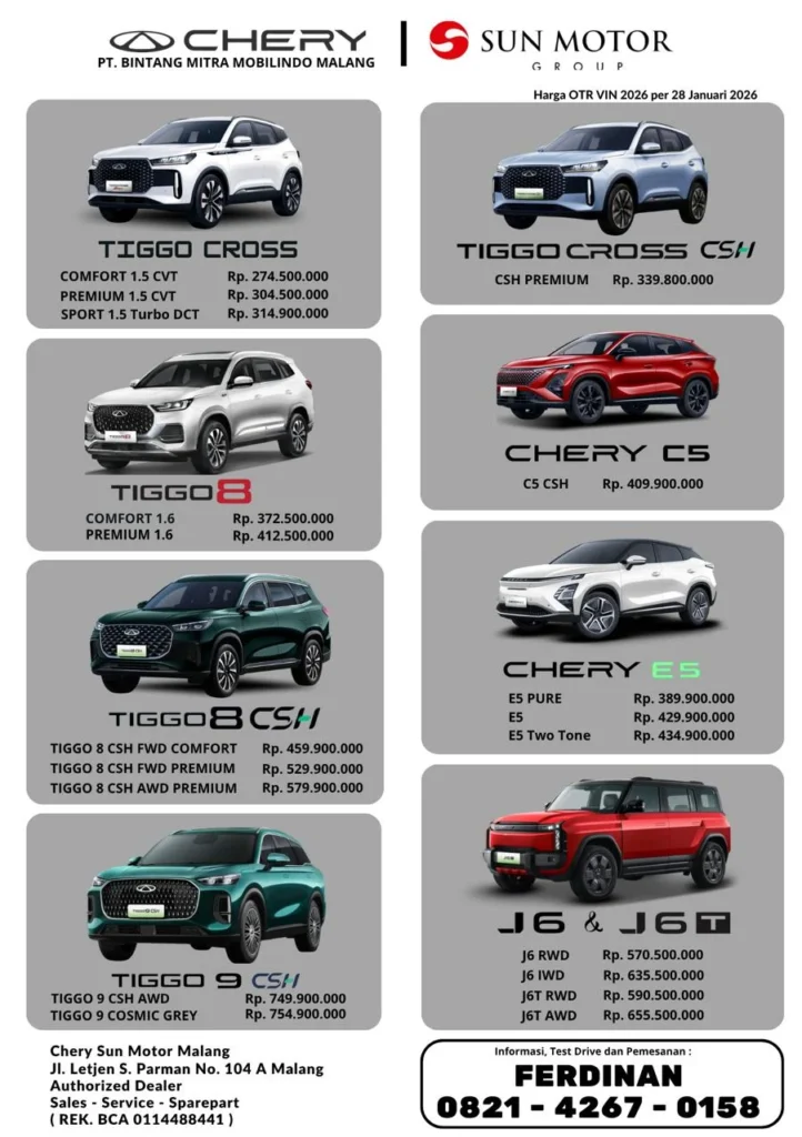 pricelist chery malang 2026
